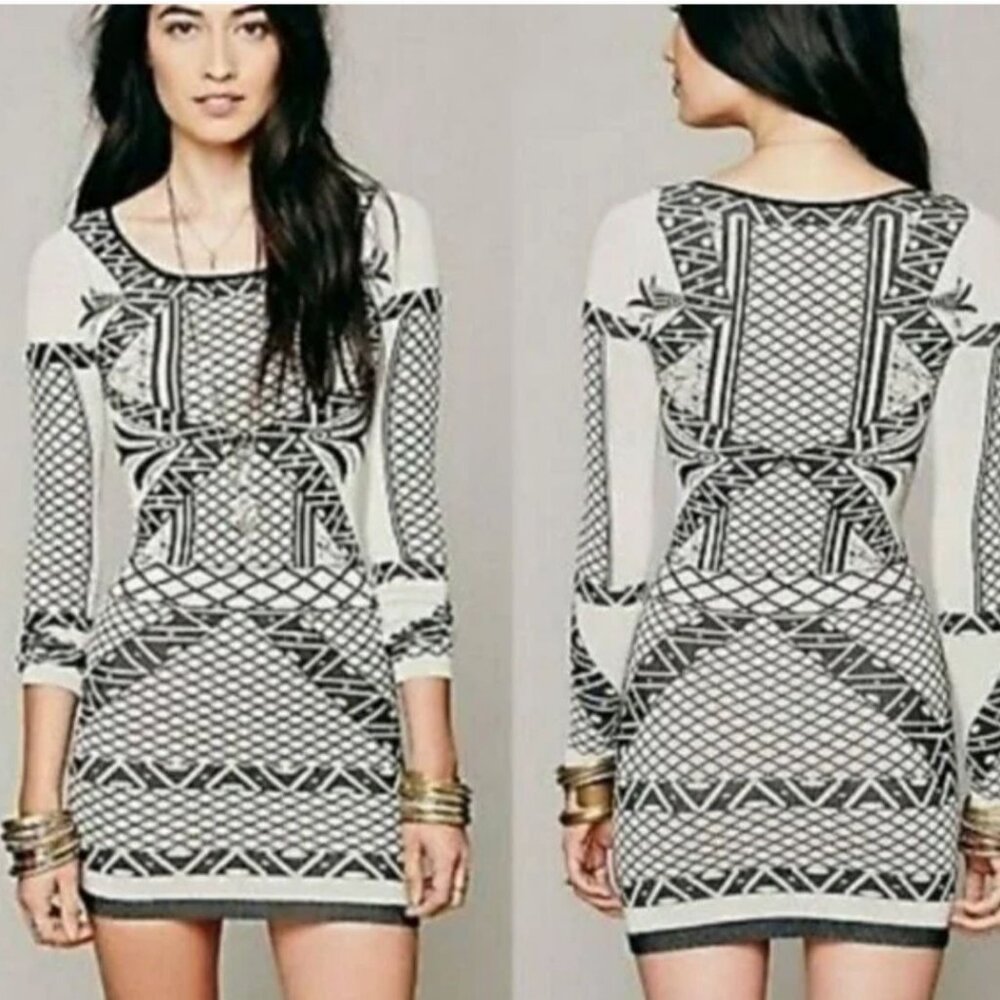 FREE PEOPLE Intimately Angels of Intarsia Bodycon Mini Dress M L Stretch Print